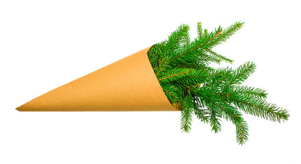 Envelope with fir branches isolated on white background.