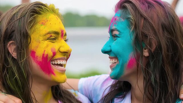 Two young women laughing joyfully while covered in vibrant Holi festival colors celebrating traditional spring holiday together