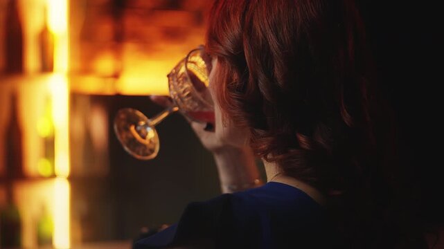 Redhead female drinking cocktail at bar counter, looking for date, close-up view