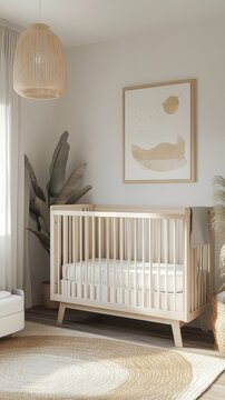 A baby ' s room with a cribe and a large plant