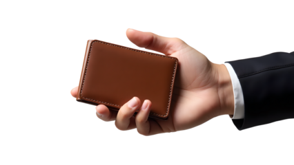 Hand holding wallet isolated on transparent background