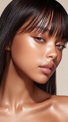 Naklejka premium Stunning portrait of a radiant woman with glowing skin, elegant makeup, and dark hair