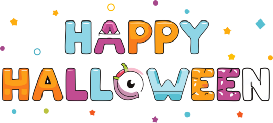 Playful cartoon vector text that says "Happy Halloween", with letters designed to look like monster elements (e.g., slime, stitches, eyeballs, mummy bandages), fun and decorative typography.