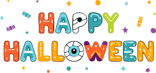 Playful cartoon vector text that says "Happy Halloween", with letters designed to look like monster elements (e.g., slime, stitches, eyeballs, mummy bandages), fun and decorative typography.