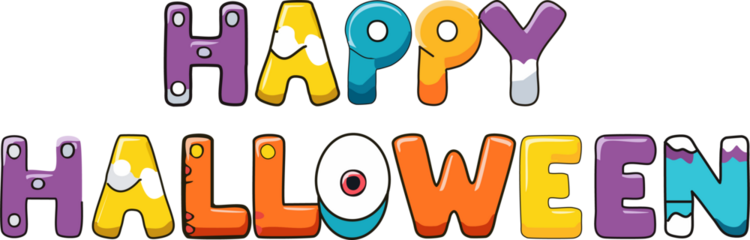 Playful cartoon vector text that says "Happy Halloween", with letters designed to look like monster elements (e.g., slime, stitches, eyeballs, mummy bandages), fun and decorative typography.