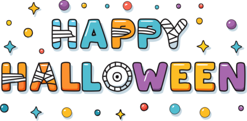Playful cartoon vector text that says "Happy Halloween", with letters designed to look like monster elements (e.g., slime, stitches, eyeballs, mummy bandages), fun and decorative typography.