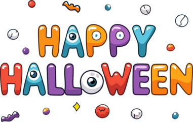 Playful cartoon vector text that says "Happy Halloween", with letters designed to look like monster elements (e.g., slime, stitches, eyeballs, mummy bandages), fun and decorative typography.