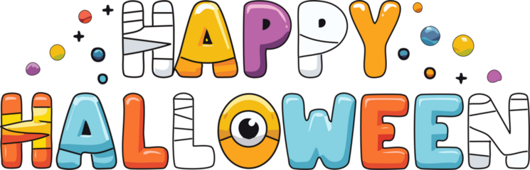 Playful cartoon vector text that says "Happy Halloween", with letters designed to look like monster elements (e.g., slime, stitches, eyeballs, mummy bandages), fun and decorative typography.