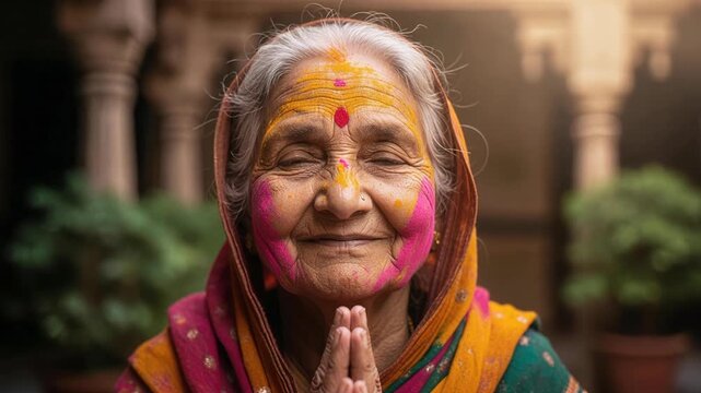 Elderly Indian woman with peaceful smile and colorful gulal powder drifting around her face during traditional Holi festival celebration