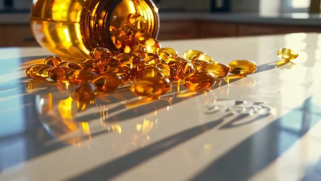 Golden Capsules or Omega 3 Softgel Pills Spilling from Bottle, Health and Wellness Concept