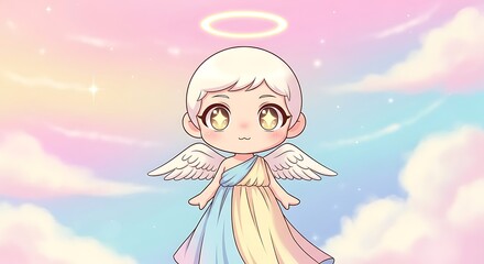 An adorable cartoon angel with white wings and a glowing halo against a soft pastel cloudscape.