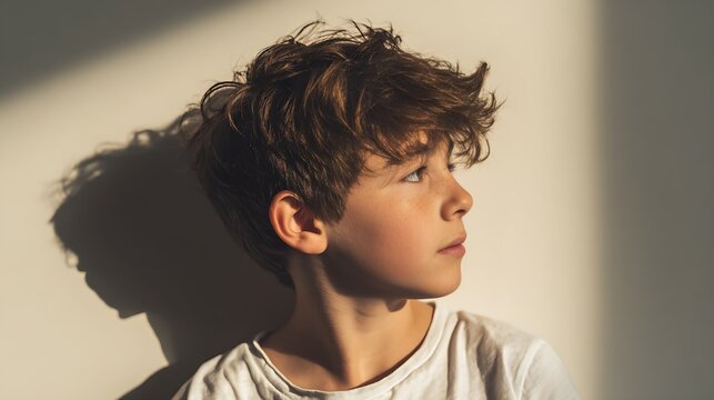A thoughtful Caucasian boy gazes out thoughtfully, with soft sunlight illuminating his delicate features and casting shadows on the wall. - Powered by Adobe