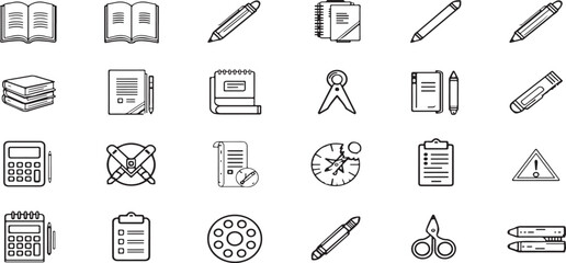 Black and White School and Education Icons – Vector Line Art of Books, Pencils, Laptop, Calculator, Notebook, Compass, Scissors, Study Tools for Students, Teachers, Learning vector illustration icon e