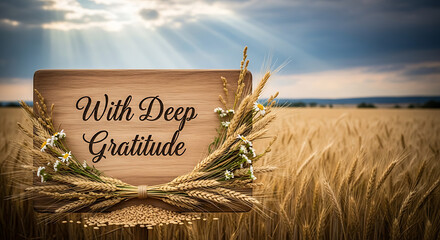 A wooden sign with deep gratitude text in a wheat field with sun rays and a cloudy blue sky above ai generated