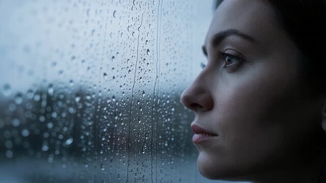 Sad woman looking through window with tears in her eyes expressing deep emotional pain and melancholy during difficult moment