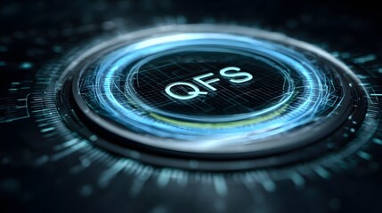 Mesmerizing futuristic digital wallet design in standby mode featuring a luminous "QFS" inscription holographic coin with rhythmic heartbeat pulses and serene secure energy