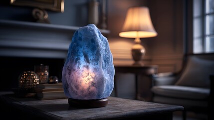 Elegant Soft Blue Salt Lamp Casting Enchanting Subdued Light for Calming Home Decor and a Refined Mood Lighting Experience