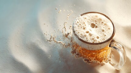 Striking High-Angle Stock Photo of a Vibrant Beer Mug with Cascading Liquid and Luscious Foam on a Sandy Backdrop Providing Text Space