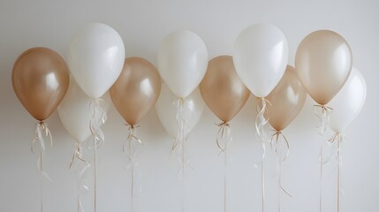 Serene and Stylish Party Decor with Suspended Beige and White Balloons and Fine Ribbons in Modern Simplicity