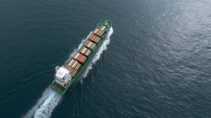 Fototapeta premium An aerial top-view of a container ship speeding through the sea, representing logistics and global trade, container ship, maritime logistics, global shipping, freight transport, ocean trade