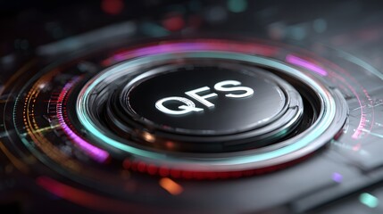 Intricate futuristic digital wallet display with a reflective "QFS" inscription holographic coin pulsing via heartbeat-like neon energy in secure cybernetic standby mode