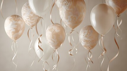 Artistic Minimalist Party Decor with Floating Balloons and Intricate Ribbons on a Neutral Backdrop