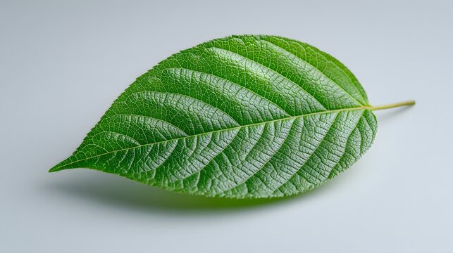 Exquisitely captured vibrant green leaf on a neutral backdrop with studio lighting highlighting crisp edges and delicate details in a minimalist setting