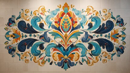 Intricate Fusion of Traditional Cultural Motifs and Modern Minimalist Design in a Vibrant Mural Display