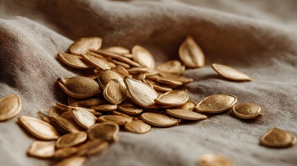 Artistic Close-Up of Raw Fresh Pumpkin Seeds Scattered on a Minimal Neutral Backdrop Capturing Intricate Details and Rustic Charm