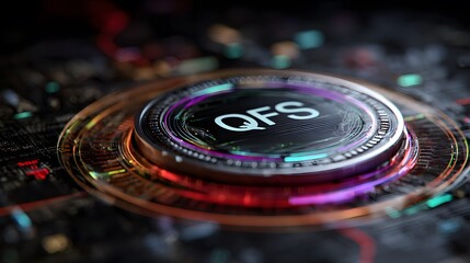 Intricate futuristic digital wallet display with a reflective "QFS" inscription holographic coin pulsing via heartbeat-like neon energy in secure cybernetic standby mode