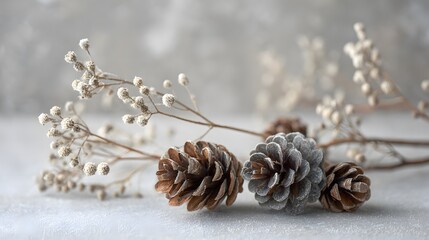 Intricate Winter Decoration Featuring Frosted Pinecones and Delicate Branches with a Serene Neutral Backdrop