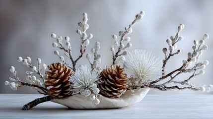 Elegant Winter Centerpiece with Frosted Pinecones and Arched Branches Adorned by a Soft Neutral Backdrop