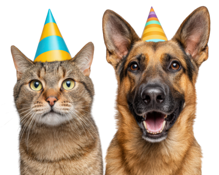 Cat dog party hat striped animal pet birthday celebration festive happy expression isolated transparency background friendship cute adorable cheerful fun playful mammal companion friendship