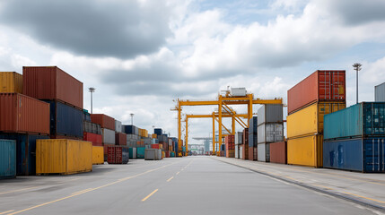 Shipping containers at a bustling port, emphasizing logistics and trade activity, port logistics, container hub, global shipping, freight transport, industrial commerce