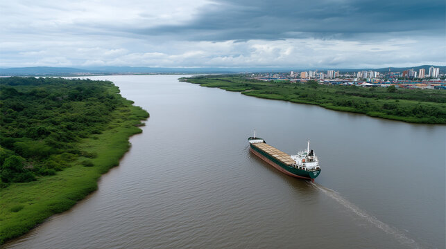 An aerial view of a cargo ship entering the Itaja-Au River between Itaja and Navegantes, Brazil, showcasing regional logistics, cargo ship, Brazilian port, river logistics, global trade, mar