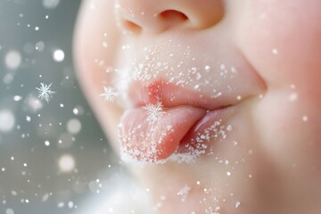 Fototapeta premium Close-up of child's tongue catching snowflakes on lips in winter wonderland scene