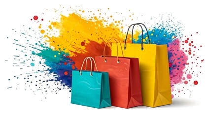Colorful shopping bags on abstract paint splash background retail and fashion concept
