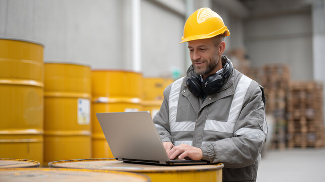 A warehouse supervisor with a laptop and walkie-talkie checking chemical barrels, warehouse logistics, inventory management, chemical industry, industrial operations, supply chain