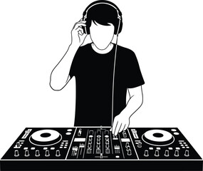 DJ Playing Music with Headphones and Turntables Silhouette
