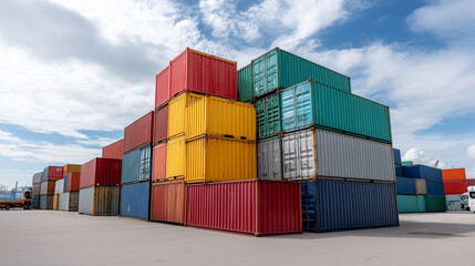 Fototapeta premium A vibrant stack of colorful shipping containers at a port, reflecting global shipping efficiency, container stack, global trade, industrial logistics, freight hub, colorful commerce