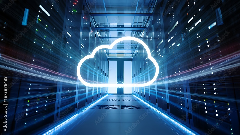 Poster digital cloud computing technology data center infrastructure and futuristic network connections