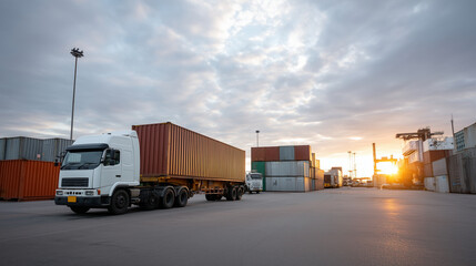 Cargo management and security at an industrial port with trucks and containers at sunset, cargo security, port logistics, global trade, freight hub, industrial operations