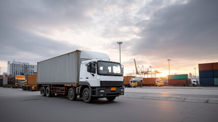 Cargo management and security at an industrial port with trucks and containers at sunset, cargo security, port logistics, global trade, freight hub, industrial operations