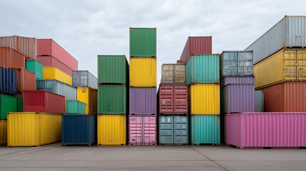 A vibrant scene of stacked shipping containers at a port, showcasing logistics efficiency, container stack, global trade, freight hub, industrial logistics, colorful commerce