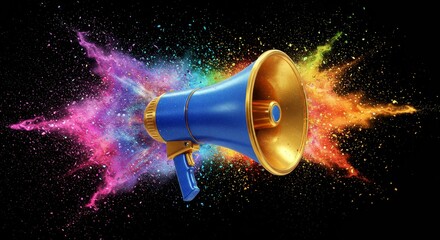 Amplifying message: Blue and gold megaphone with explosion of vibrant particles