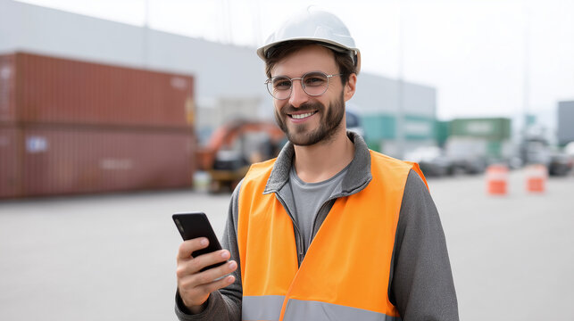 A smiling worker in safety gear using a smartphone at an industrial site, logistics worker, industrial operations, digital management, global trade, freight hub - Powered by Adobe