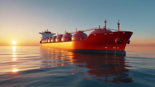 Large LNG Carrier Ship Sailing on Calm Ocean During Sunset