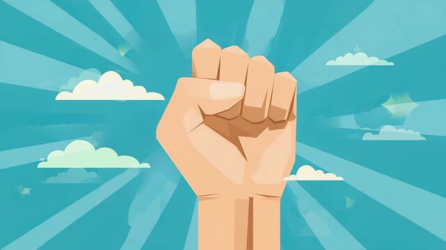 Raised Fist Illustration on Sunburst Sky Bold Symbol of Strength, Unity, and Protest
