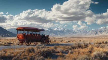 Naklejka premium Vintage Stagecoach on a Dusty Road with Majestic Mountain Backdrop