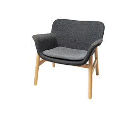Modern Dark Gray Fabric Upholstered Armchair with Natural Wood Legs and Frame, Contemporary Scandinavian Style Furniture on Black Background